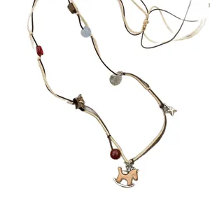 Retro Maillard wooden beaded double-layer necklace with a rocking horse pendant