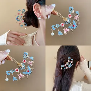 New Chinese Style Butterfly Flower Hair Stick Alloy Enamel Artificial Pearl Tassel Gold Pink Blue Hairpin Women Jewelry Accessorie