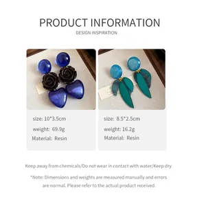 Détails des boucles d'oreilles en résine avec dimensions et poids en deux styles