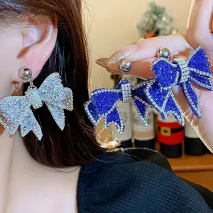 Elegant Resin Bowknot Rhinestone Stud Earrings For Women Light Luxury Fashion Silver Earring Post Inlaid Ear Jewelry Accessories
