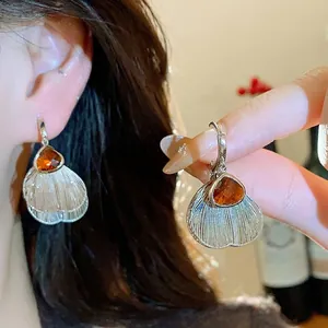 Vintage Amber Glass Flower Petal Tassel Hoop Earrings Luxury Copper Metal Earrings With Silver Earring Post For Women Jewelry