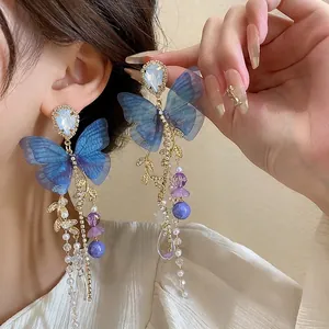 Blue Mesh Butterfly Long Drop Earrings For Women Gold Leaf Rhinestone Long Pearl Tassel Jewelry With 925 Sterling Silver Earring Post