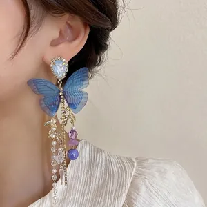Elegant mesh blue butterfly tassel earrings with pearls and gold leaves for women