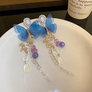 Elegant blue mesh butterfly tassel earrings with pearls and rhinestones decoration