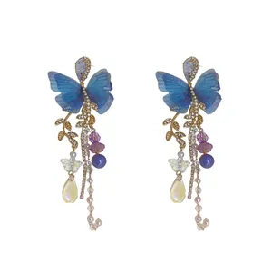 Elegant blue mesh butterfly earrings with gold leaf branch pearl tassels and crystal beads