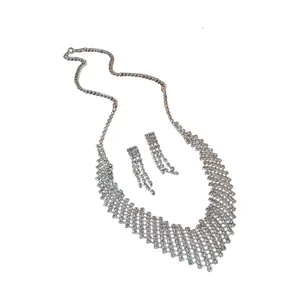 Elegant silver rhinestone tassel necklace and earrings jewelry set for women's party