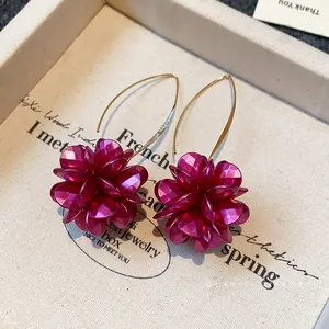 Vintage purple flower ear hook earrings with elegant glossy layered petal designs