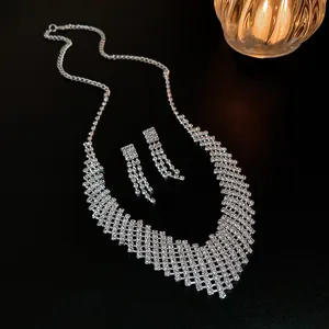 Detail of elegant silver rhinestone tassel necklace and matching earrings set for dinner gala