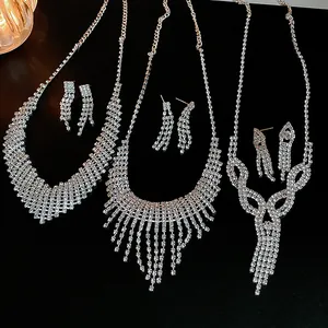 Elegant rhinestone tassel jewelry sets featuring necklaces and matching earrings for evening wear