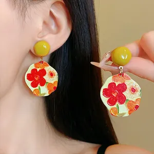 Orecchini Pastorali in Acrilico con Pittura a Olio Floreale Perno in Argento Sterling 925 Orecchini a Pendente Donna