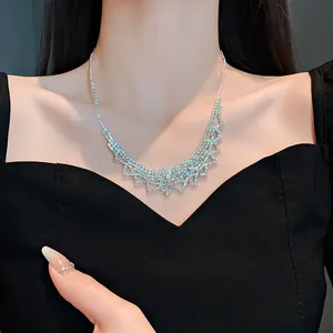 Elegant silver rhinestone fringe choker necklace for women's formal evening wear gala