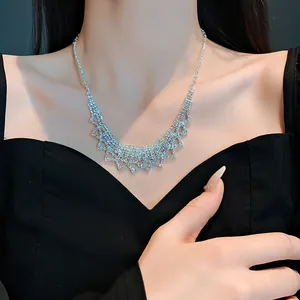 Detailed view of an elegant silver rhinestone fringe necklace worn for luxury evening wear