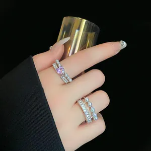 Elegante set di anelli regolabili con zircone a cuore viola e perle gioielli vintage donna