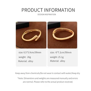 Vue détaillée de bracelets métalliques dorés irréguliers avec dimensions et poids précis.