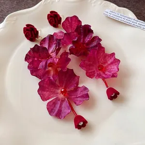 Elegant French vintage style velvet rose and burgundy floral petal drop earrings for women