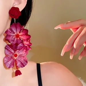 Elegant silver needle dangle earrings with red flocked rose and purple flower petals