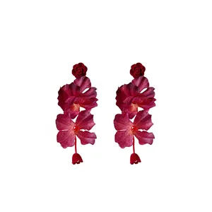 Elegant dark red flocked rose flower stud earrings with vintage French style jewelry