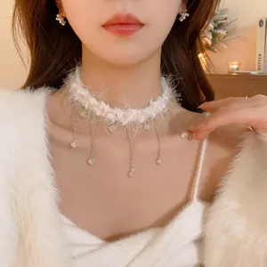 Sweet Artificial Plush Choker Necklace Tassel Artificial Crystal Pendant Jewelry Set With Silver Earring Post For Women New Year
