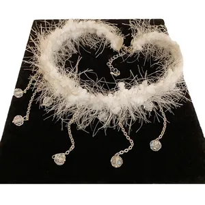 Elegant white plush choker necklace featuring sparkling crystal tassels and silver-tone chains