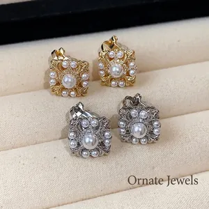 Elegante 18k vergoldete Perlenohrclips mit Zirkonia-Blumenmuster für unpiercte Ohren