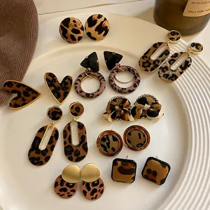 Pendientes de Botón de Corazón Geométrico con Estampado de Leopardo para Mujer con Poste de Plata de Ley 925 Aleación Joyería de Moda Coreana Vintage