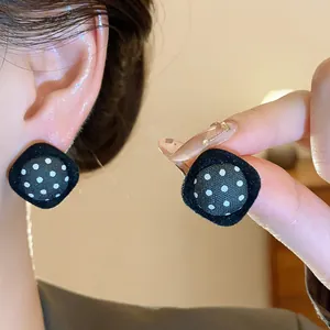 Elegant vintage square fabric polka dot stud earrings with silver needle posts for women