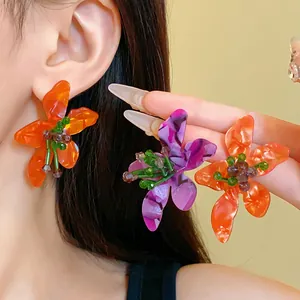 Vintage Orange Acetate Flower Stud Earrings For Women Luxurious Rhinestone Inlaid Floral Earrings With Silver Earring Post