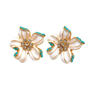Vintage white flower stud earrings with turquoise beads and sparkling rhinestones