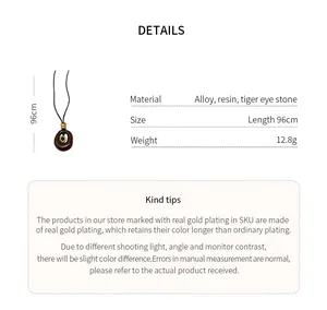 Spécifications détaillées du collier ovale en résine œil de tigre, longueur 96 cm