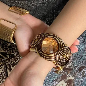 Vintage Twisted Woven Open Cuff Bracelet For Women Bohemian Amber Glass Stone Large Statement Bangle Jewelry
