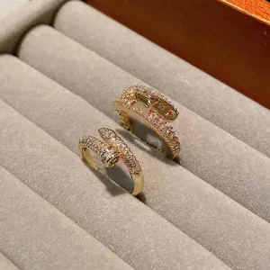 Luxury gold-plated open rings with zircon stones featuring nail and zipper design