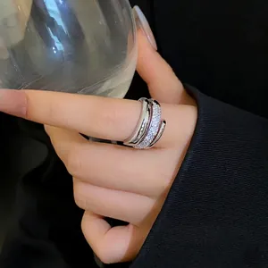 Korean style silver plated open ring with pavé zircons for minimalist fashion look