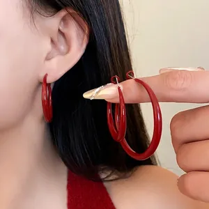 Retro large red painted circular hoop earrings for women, minimalist vintage style jewelry