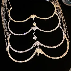 Vintage Copper Rhinestone Crown Heart Pendant Body Chain Sexy Tassel Chest Chain Jewelry for Women Luxurious Party Accessory