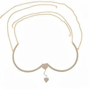Luxury rhinestone body chest chain jewelry with elegant heart pendants in gold plating