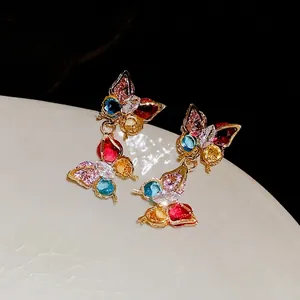 Colorful cubic zirconia butterfly drop earrings with S925 silver needles for women