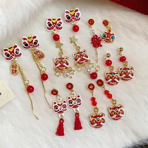 Neuer Chinesischer Stil Löwentanz Ohrstecker Mit 925 Sterlingsilber Ohrstecker-Stift Rot Gold Emaille Quaste Ohrringe Festlicher Damenschmuck