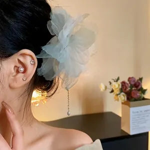 Elegant vintage chiffon flower hairpin with pearl tassel for sophisticated bun styles