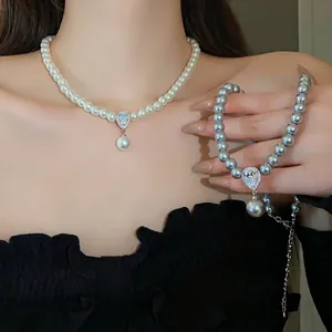 French Vintage Court Style Artificial Pearl Zirconia Teardrop Pendant Necklace Copper Rhinestone Jewelry For Women Gift