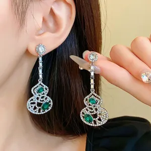 New Chinese Style Hollow Hulu Drop Earrings With Silver Earring Post Alloy Rhinestone Inlaid Long Dangle Earrings For Wedding Party Women Jewelry