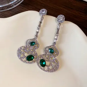 Elegant New Chinese style hollow gourd drop earrings featuring green emerald-cut crystals and silver pins