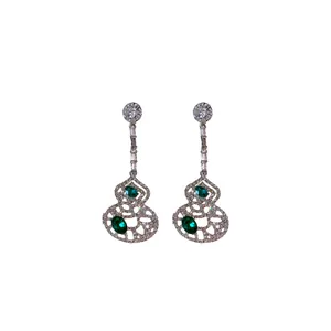 Elegant silver needle hollow gourd drop earrings with sparkling green gemstones for women