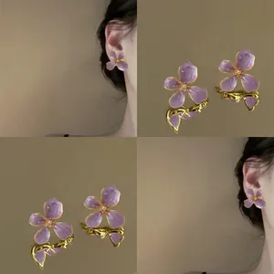 Sweet Purple Flower Drip Oil Stud Earrings For Women Alloy Artificial Pearl Earrings With 925 Sterling Silver Earring Post Floral Jewelry