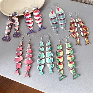 Orecchini Pendenti in Legno Stampato Pesce Rosso Stile Etnico Cartone Animato Divertente Animale Lisca di Pesce per Donna Moda Personalità Gioielli