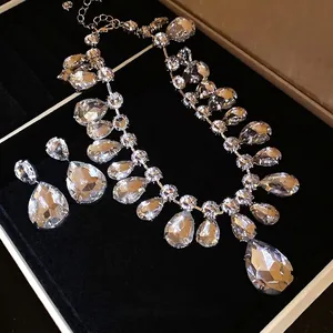 Elegant Water Drop Rhinestone Jewelry Necklace Earrings For Women Silver Plated Delicate High Sense Bridal Wedding Party Jewelry