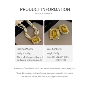 Detail showing specifications of French luxury square rhinestone pearl necklace and earrings set.