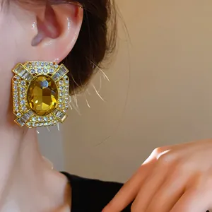 French vintage luxury square stud earring with large amber crystal and rhinestones