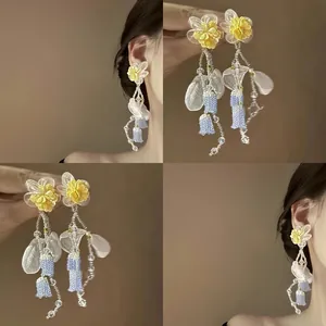 Lily Of The Valley Tassel Earrings For Women Chiffon Flower Glass Beads Forest Style Silver Post Fairy Drop Earrings