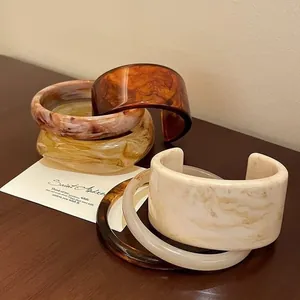 Chic vintage marbled acrylic wide cuff bracelets and thin bangles set for women