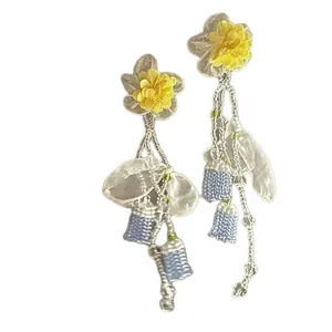Chiffon lily of the valley tassel earrings with glass seed beads in Mori style